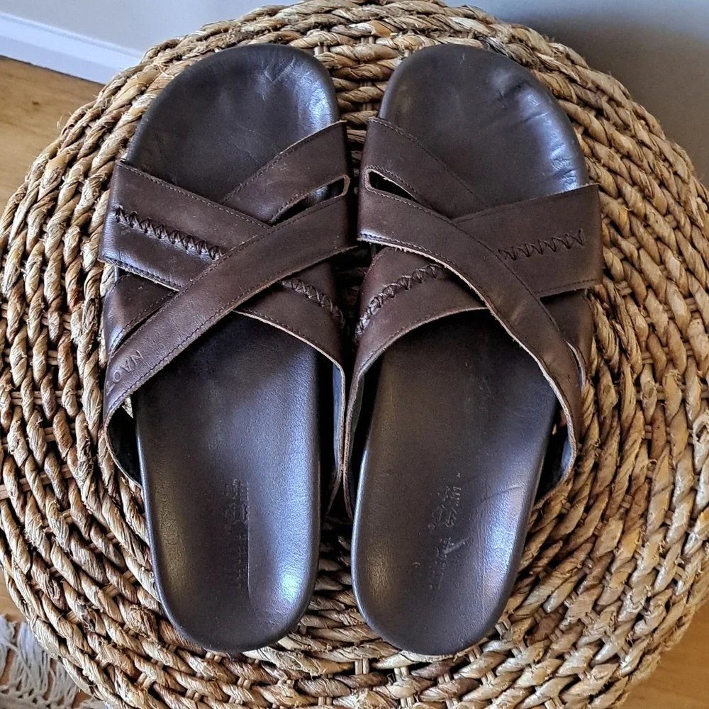Naot Mens Anegada Pecan Brown Leather Woven Strap Casual Slide Sandals EU44/US11